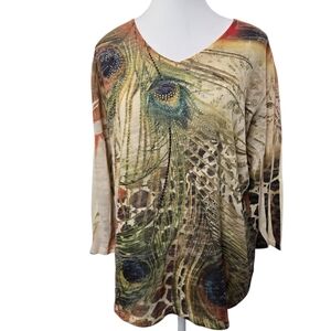Jess & Jane Peacock Feather Print V-Neck Top | Size Large